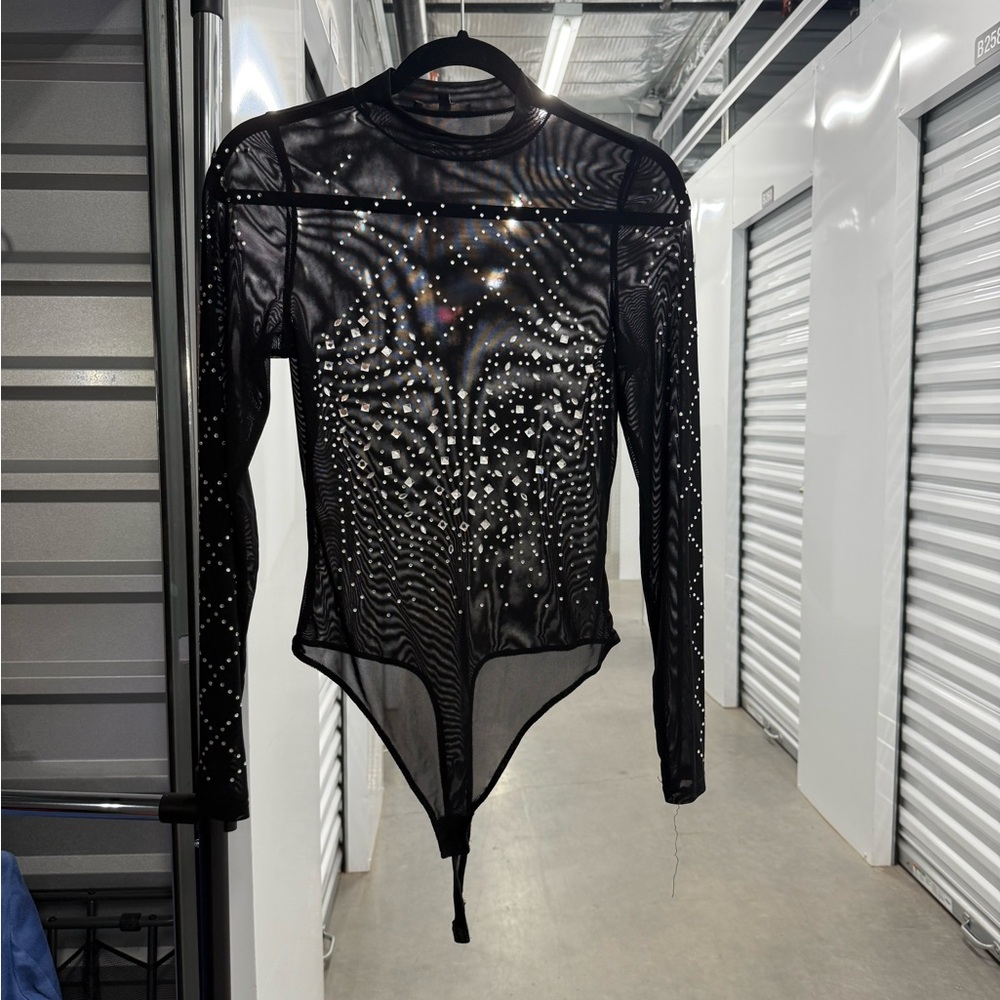 Black Sheer Rhinestone Bodysuit